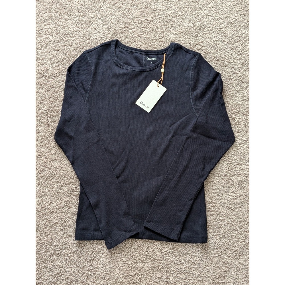 Quince Organic Cotton Micro-Rib Long Sleeve Tee Deep Navy Womens Small NWT